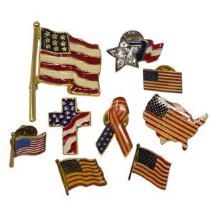 Americana Pin & Brooch Lot Patriotic USA 9 Piece Enamel Jewelry Set & Bundle